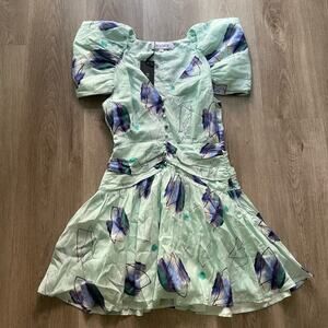 elliatt sweet mint green & blue floral print puff sleeve button front mini dress